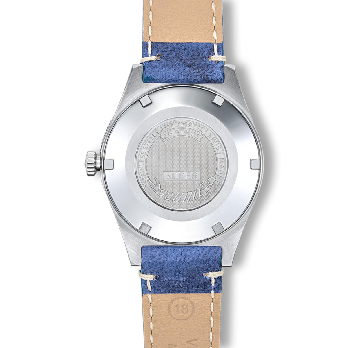 Men's watch case with blue leather strap, visible clasp and caseback details