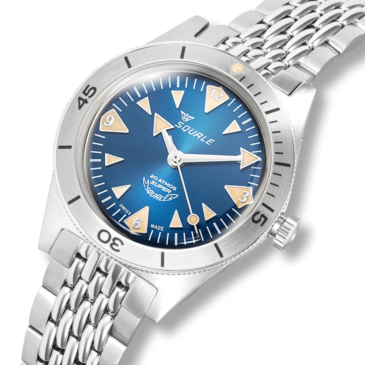 Men's automatic watch with blue dial, arrow hour markers, steel bracelet and crown