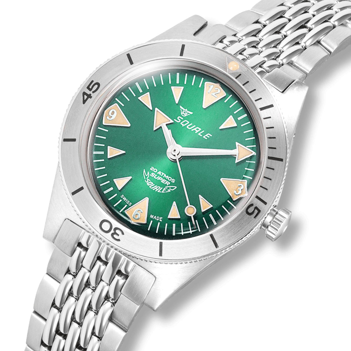 Men's automatic watch with green dial and steel link bracelet, arrow hour markers