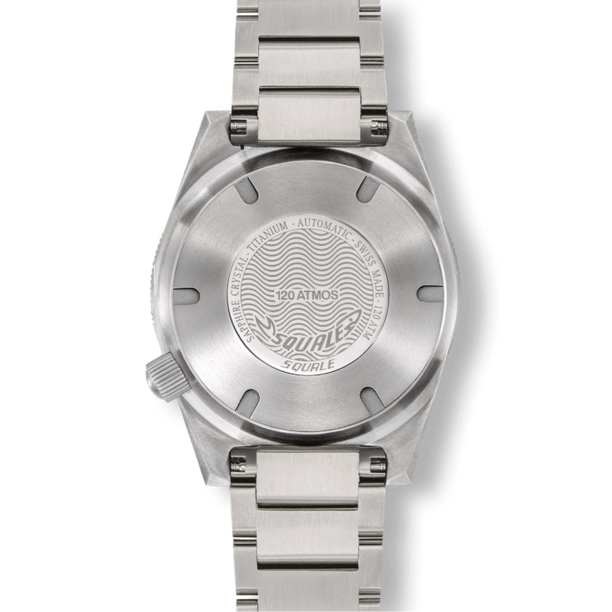Titanium watch case back with embossed logo, crown detail, and metal link bracelet