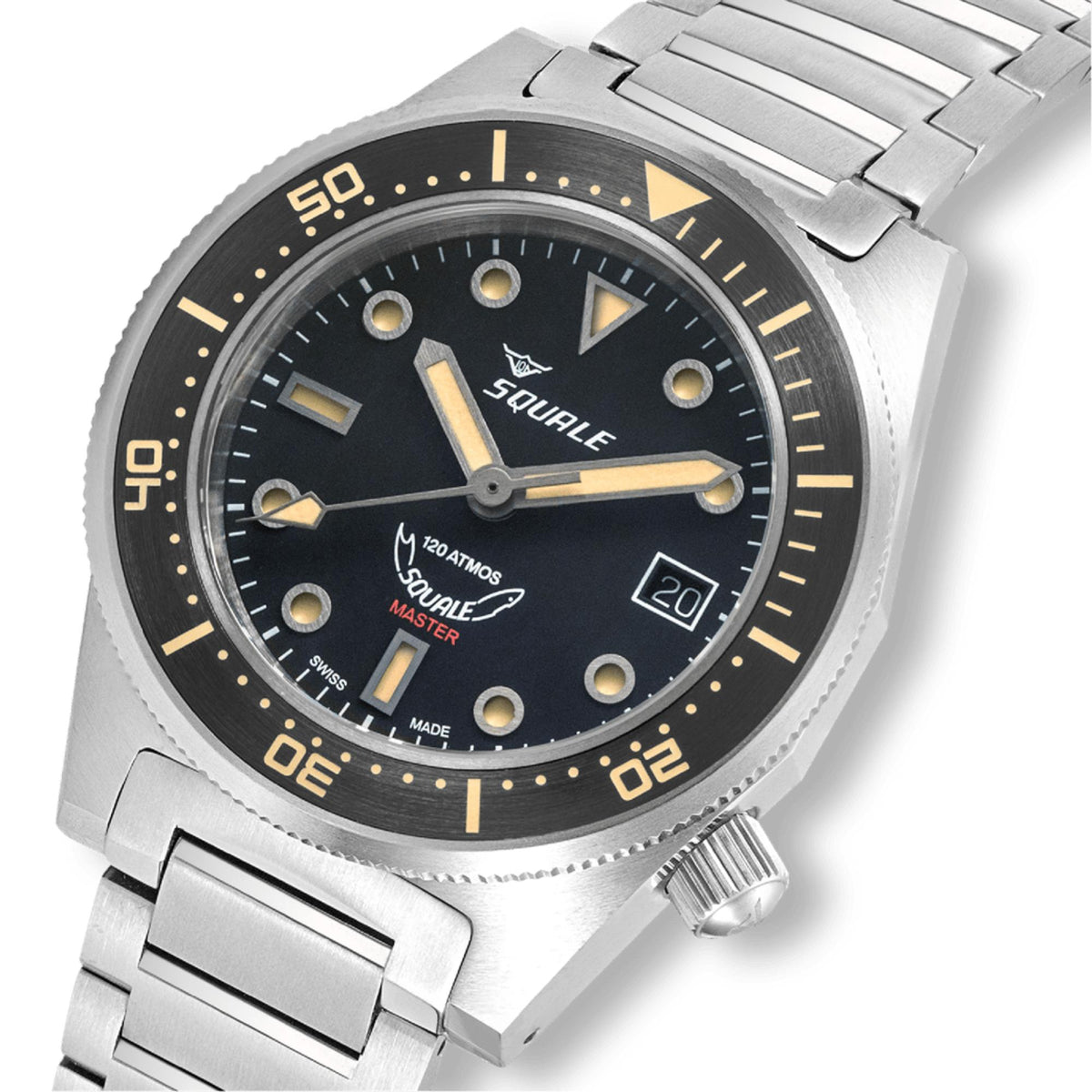 Titanium dive watch with black dial, gold markers, luminous hands, and date window