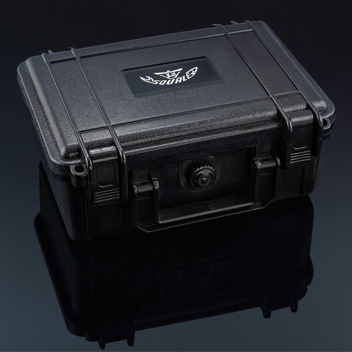 Black hard-sided watch storage case with molded logo and latch details