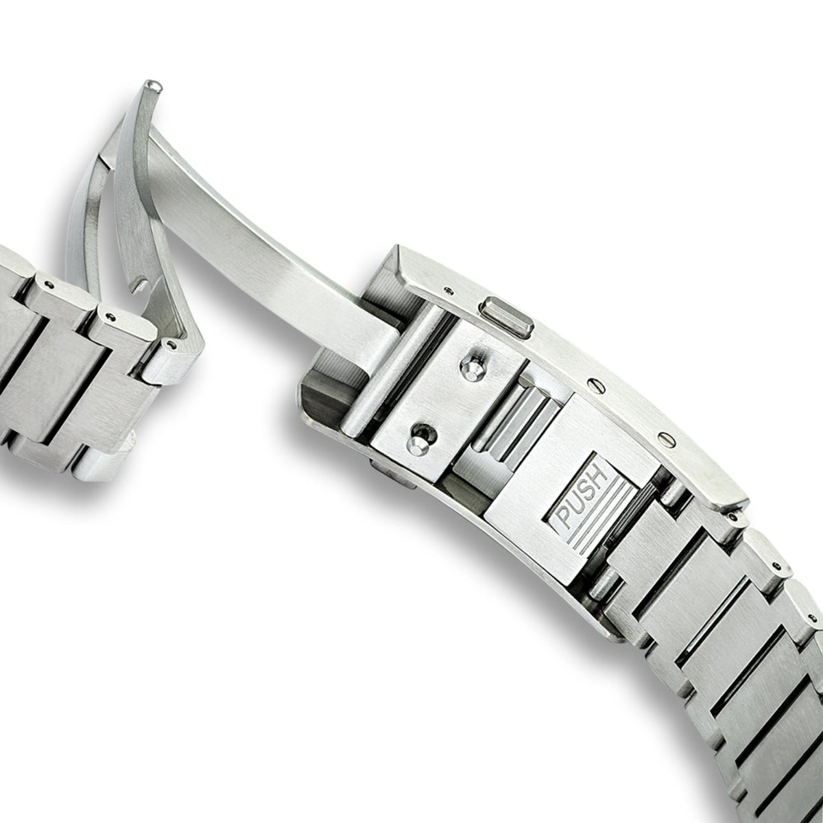 Titanium watch clasp and strap end with fold-over deployant buckle
