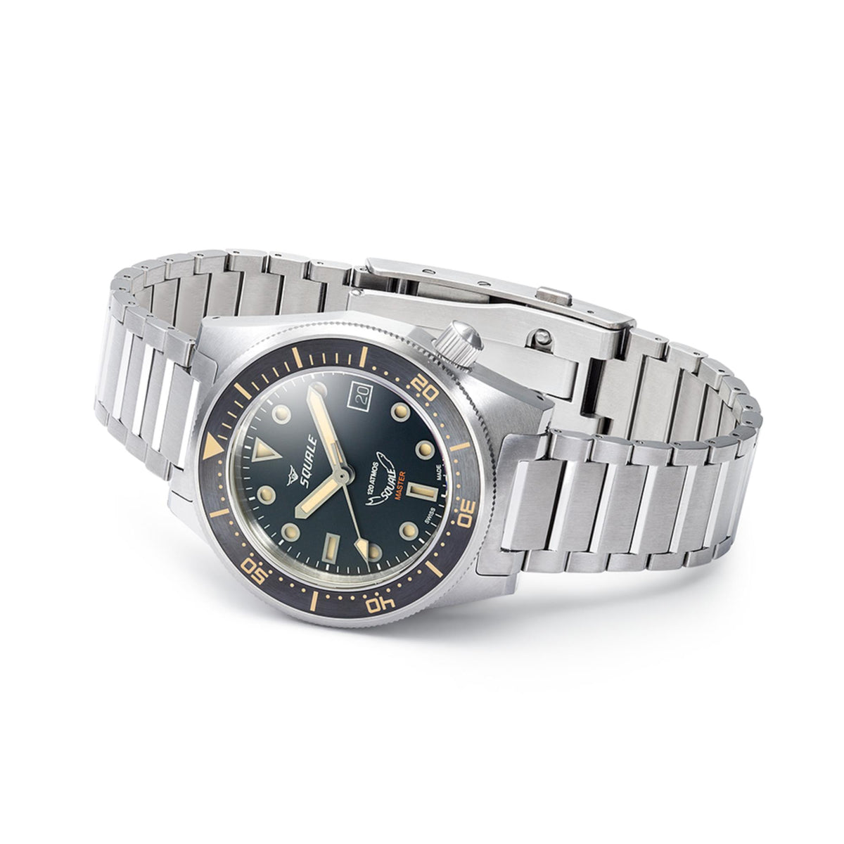 Titanium bracelet watch with black dial, gold bezel markings, and date window