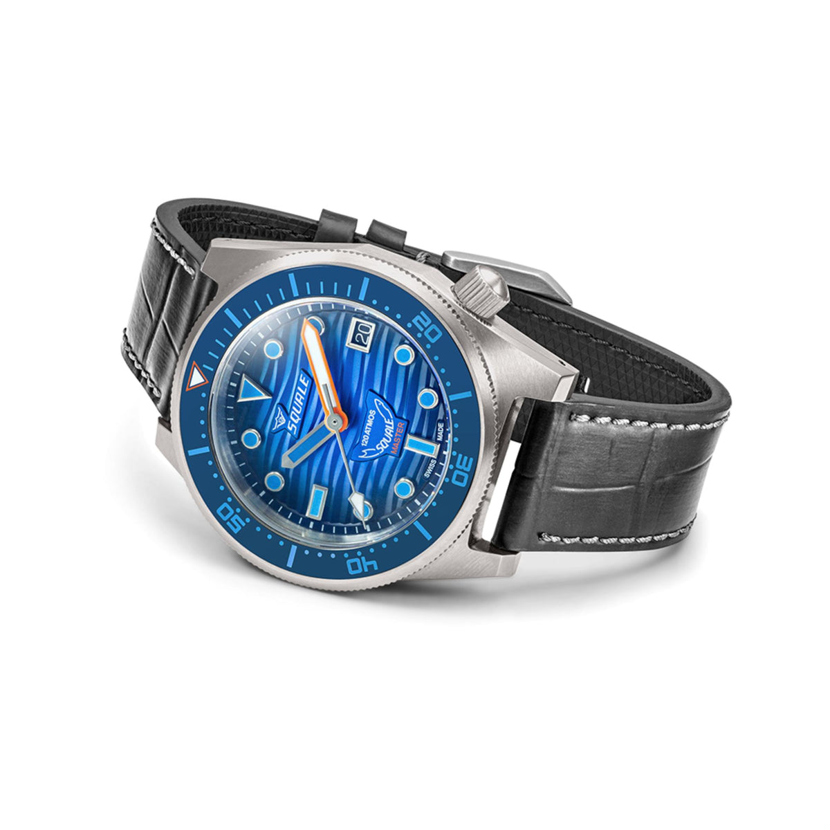 Men's automatic watch on black leather strap with blue dial and metal case, angled view.