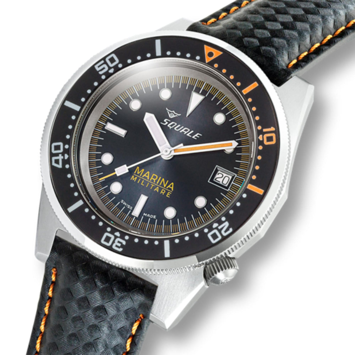 Men's diver watch angled view: black dial with orange markers, steel case, black strap
