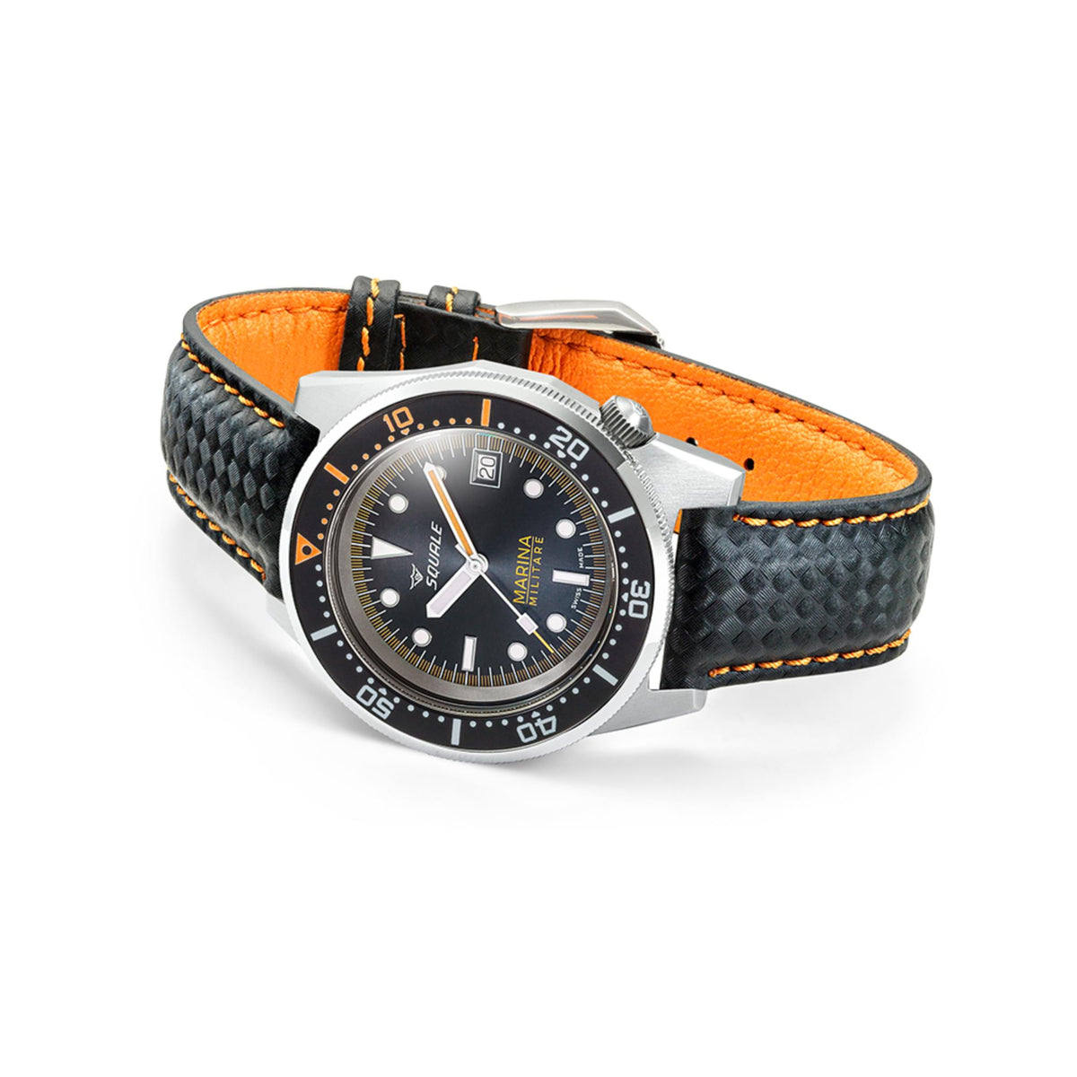 Men's diver watch side view with black dial, orange bezel accents, and black strap with orange edge