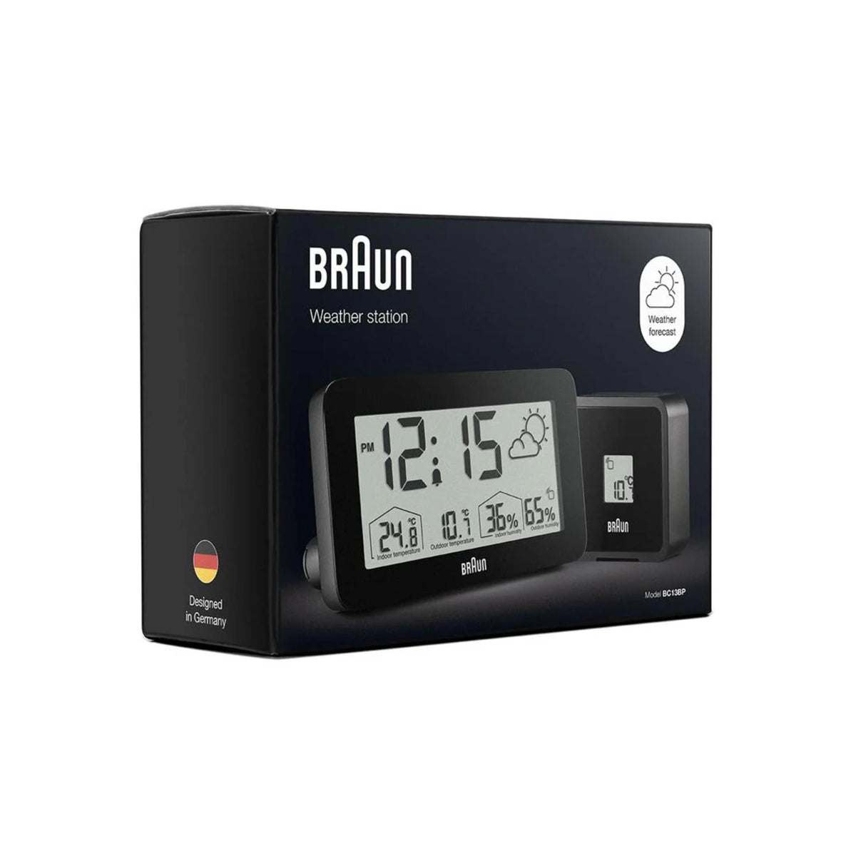 Braun black weather station clock with lit display and side temperature sensor