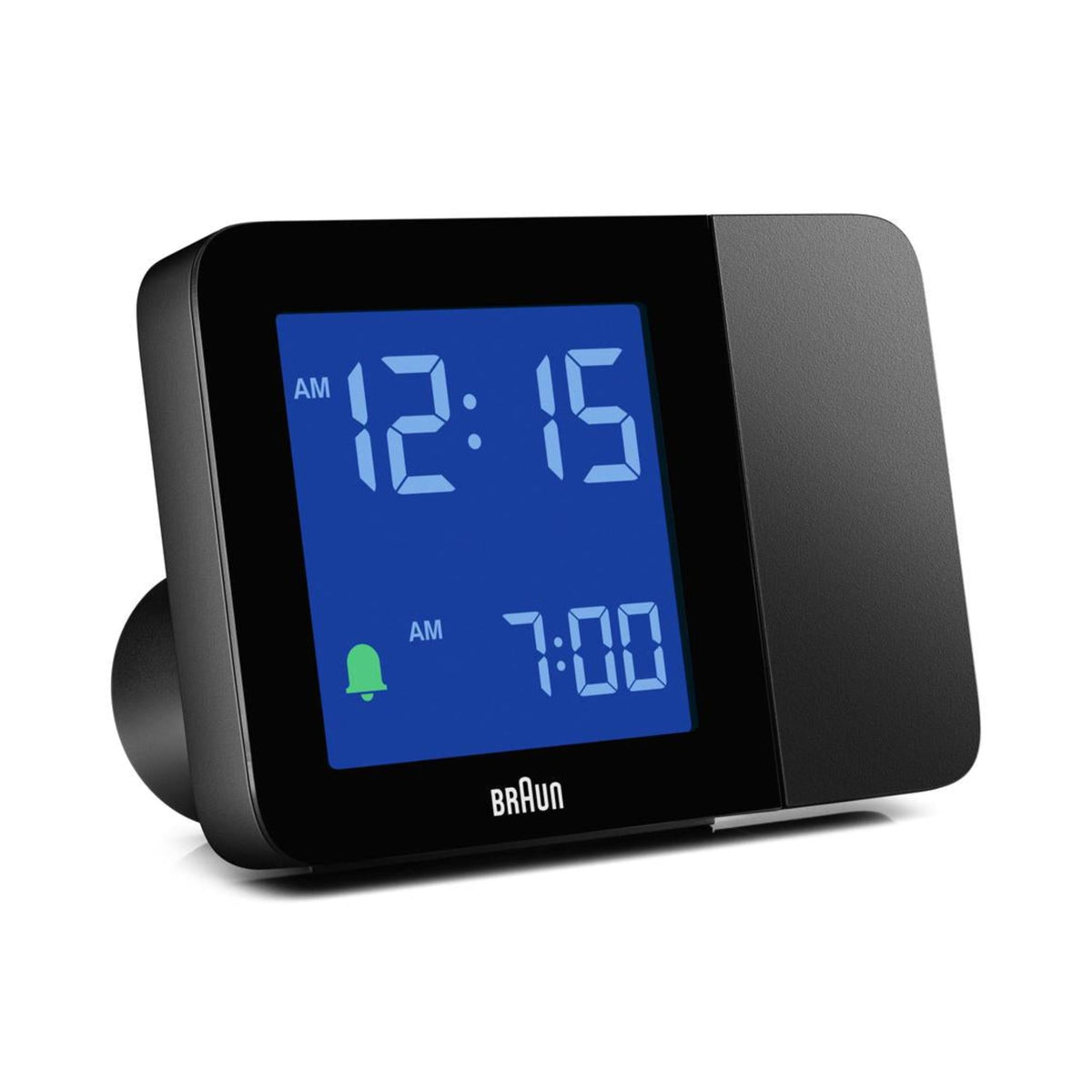 Black digital projection alarm clock with blue backlit display showing 12:16 AM and 1:10 AM