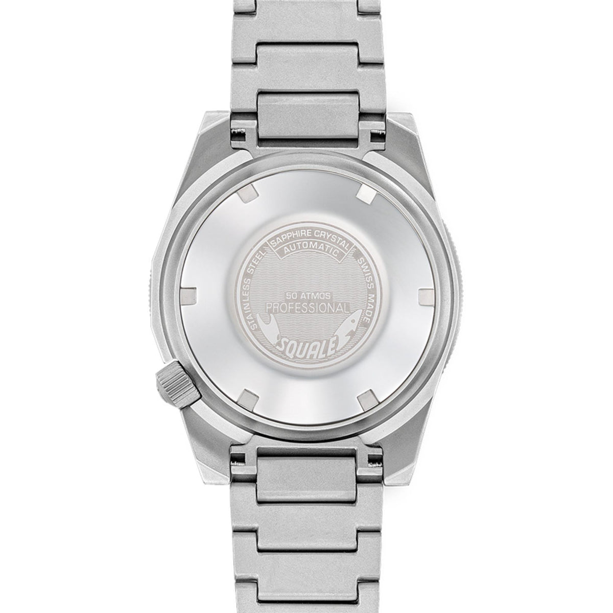 Men's Squale watch caseback with stainless steel bracelet and engraved markings