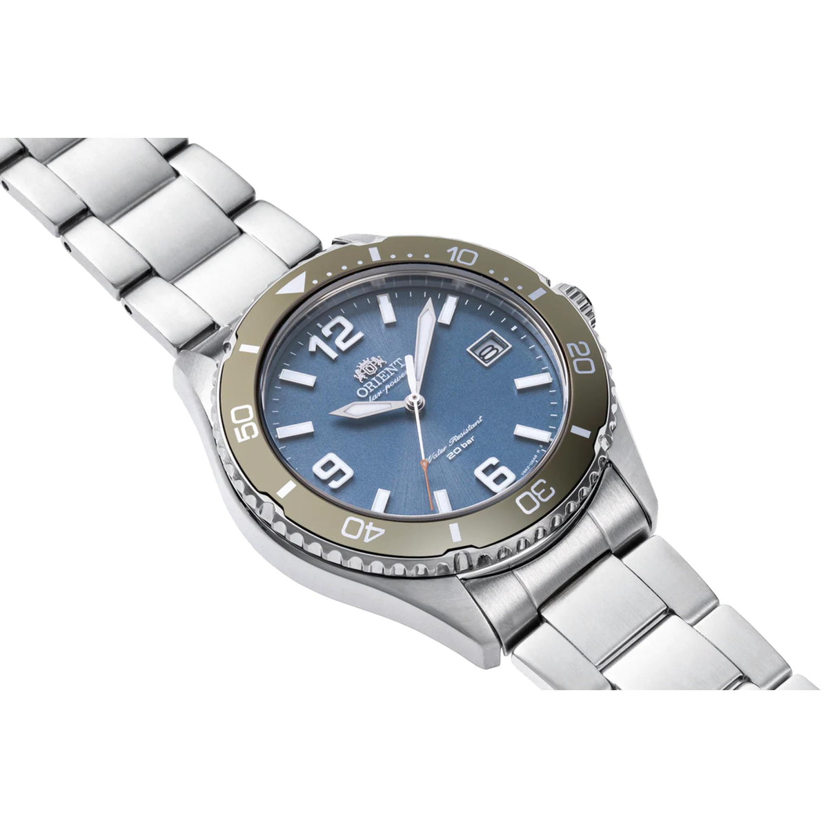 Blue dial solar wristwatch with stainless steel bracelet and rotating diver-style bezel