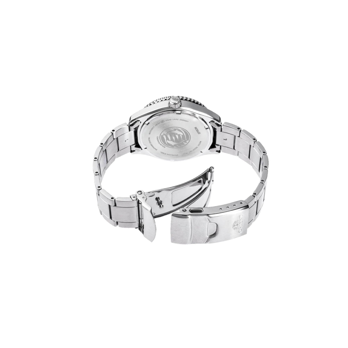 Stainless steel watch caseback with engraved medallion and linked bracelet, side view