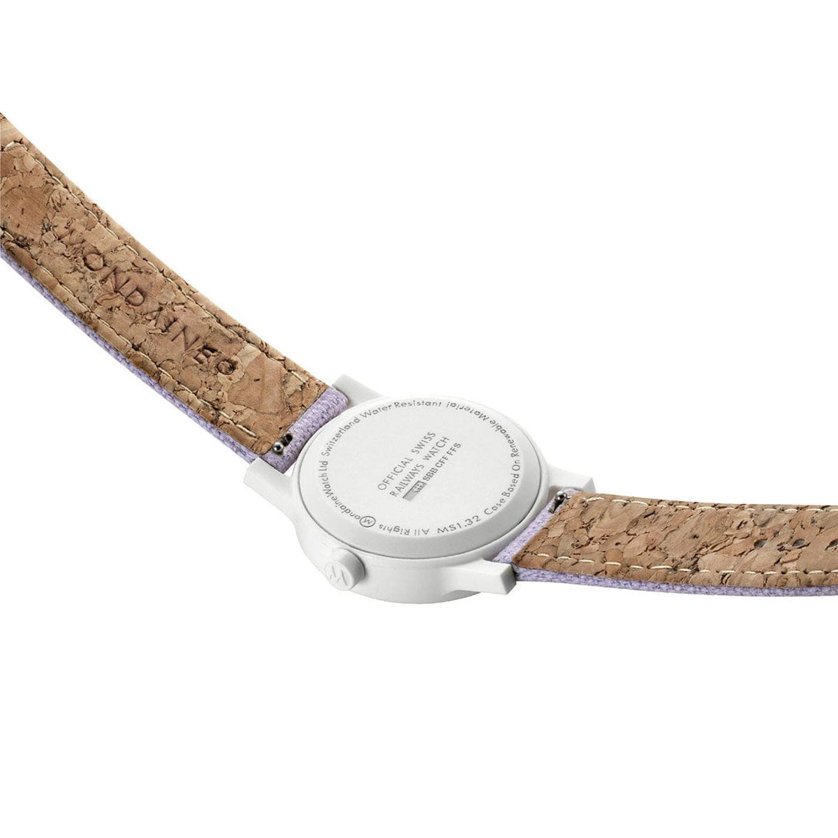 Quartz watch with white case and brown textile strap detail