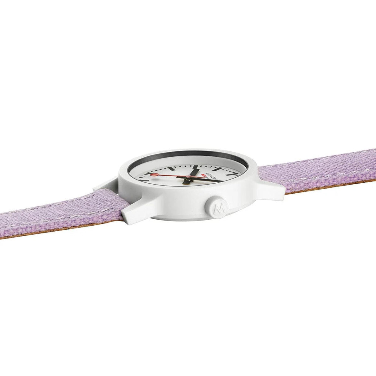 Quartz watch with white dial and lavender fabric strap, side profile