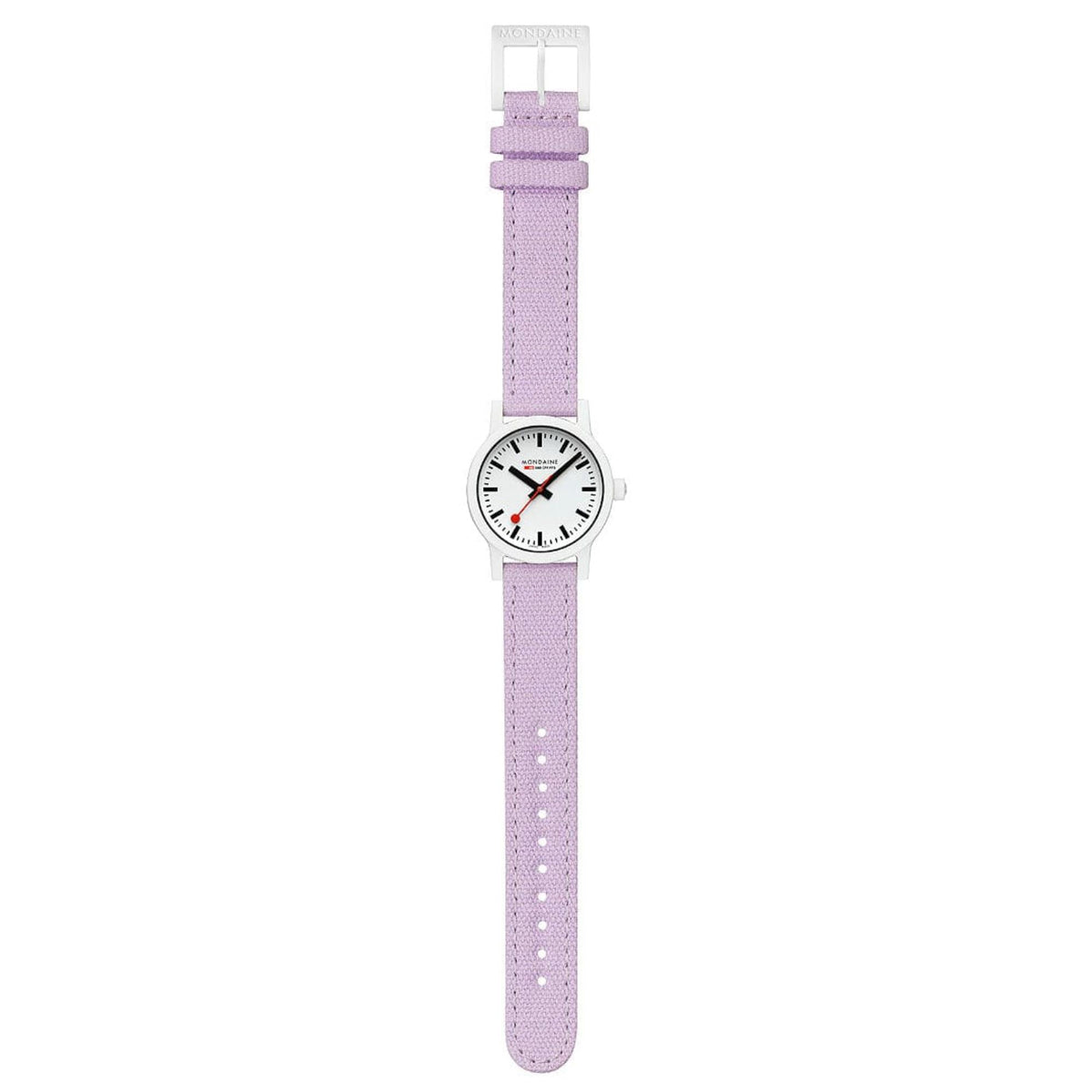 Women’s quartz watch with lavender textile strap and white dial, full length