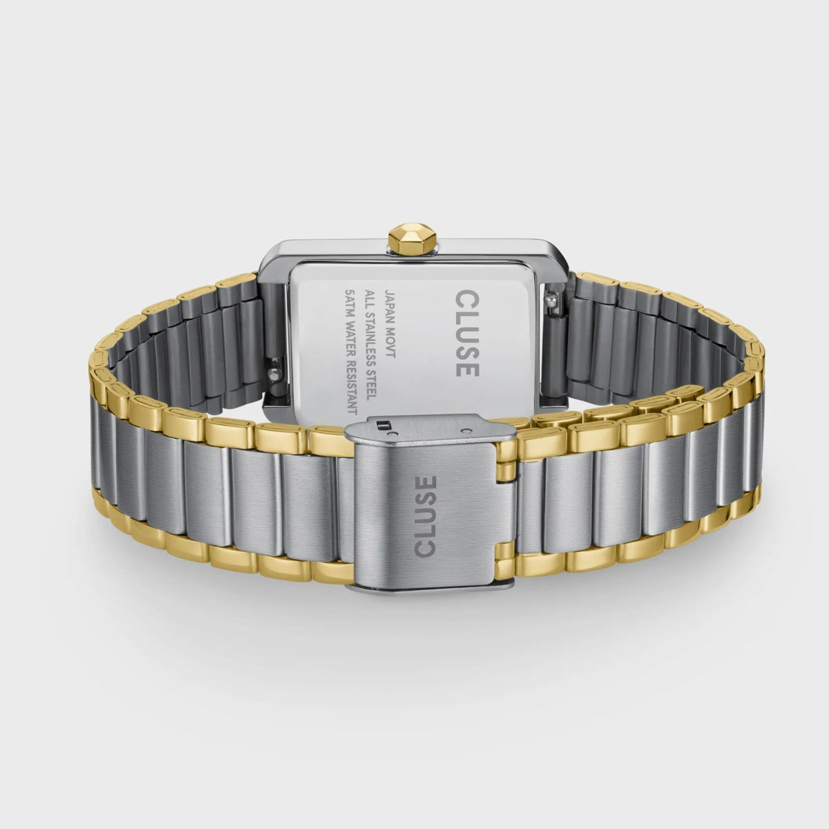 Two-tone steel watch with white dial and rectangular case, view of clasp and bracelet