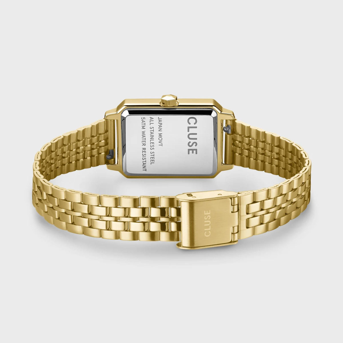 Gold-tone women’s wristwatch with square case and metal link bracelet, clasp visible