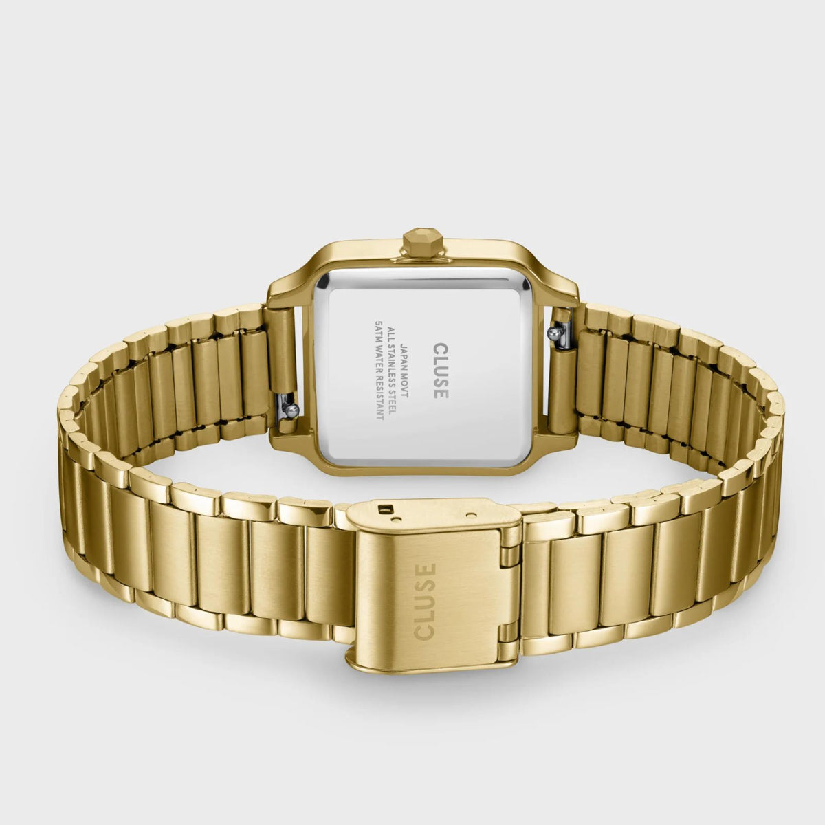 Gold-tone bracelet strap quartz watch, square face with metal clasp