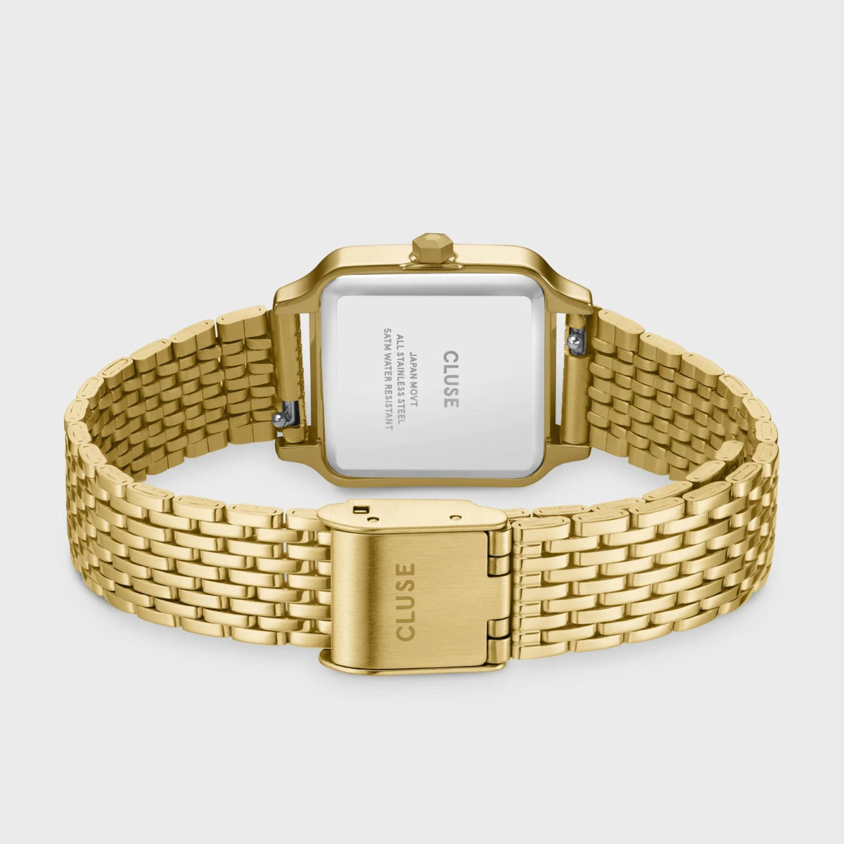 CLUSE women’s square quartz watch on gold-tone steel mesh band, clasp visible