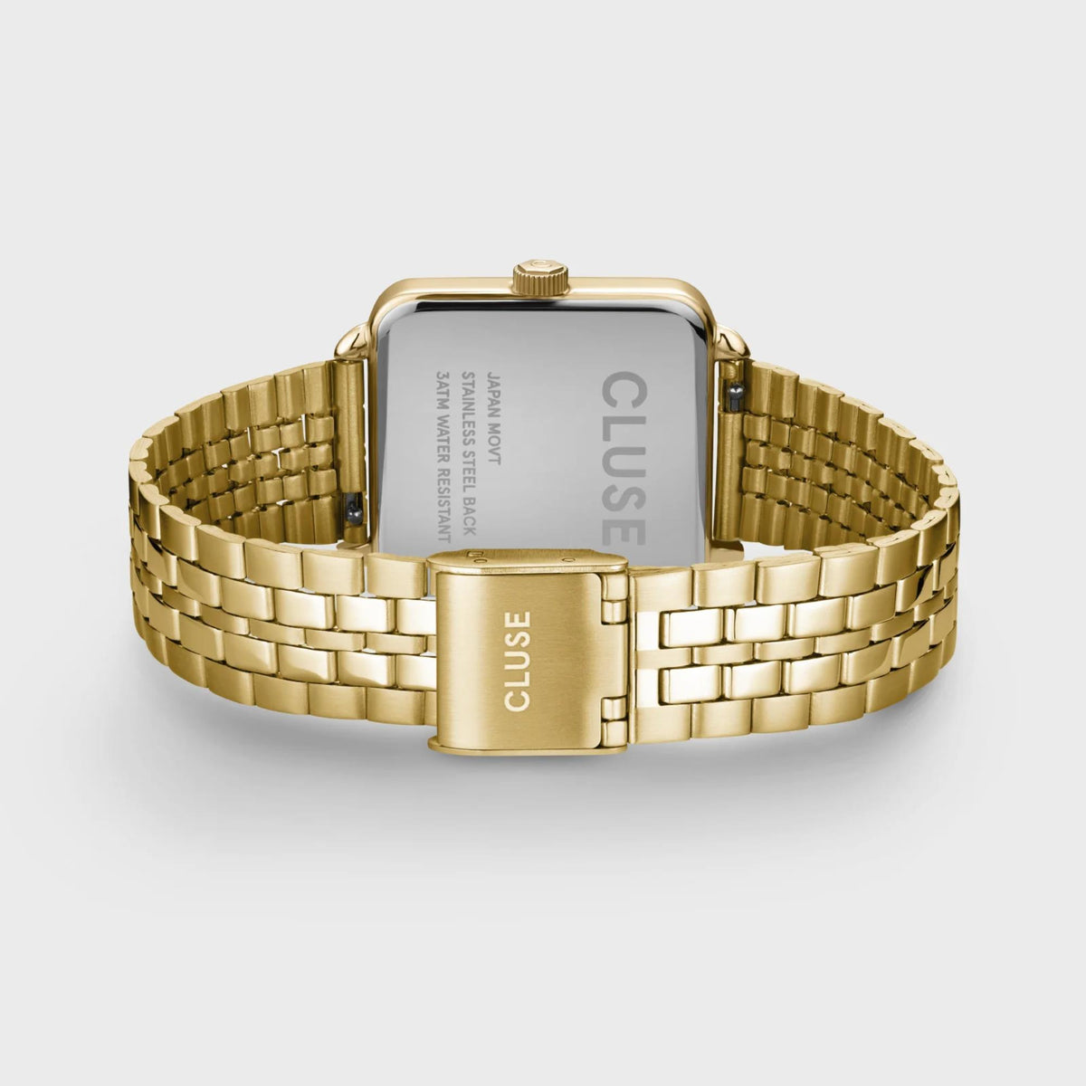 Gold-tone rectangular watch with expanding link bracelet and clasp on the back
