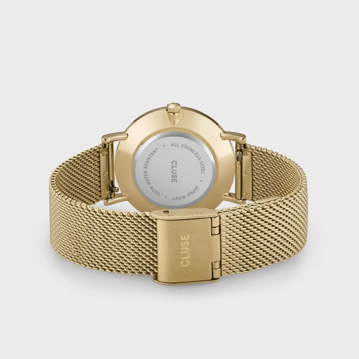 Gold-tone women’s quartz watch back with mesh bracelet and caseback, round silver dial