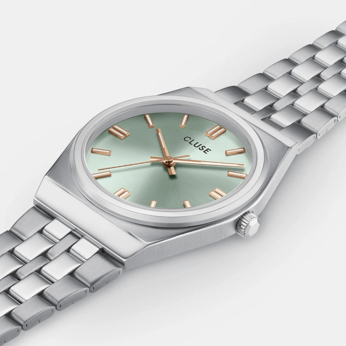 Retro-style stainless steel watch with mint-green dial, rose gold indices, and crown