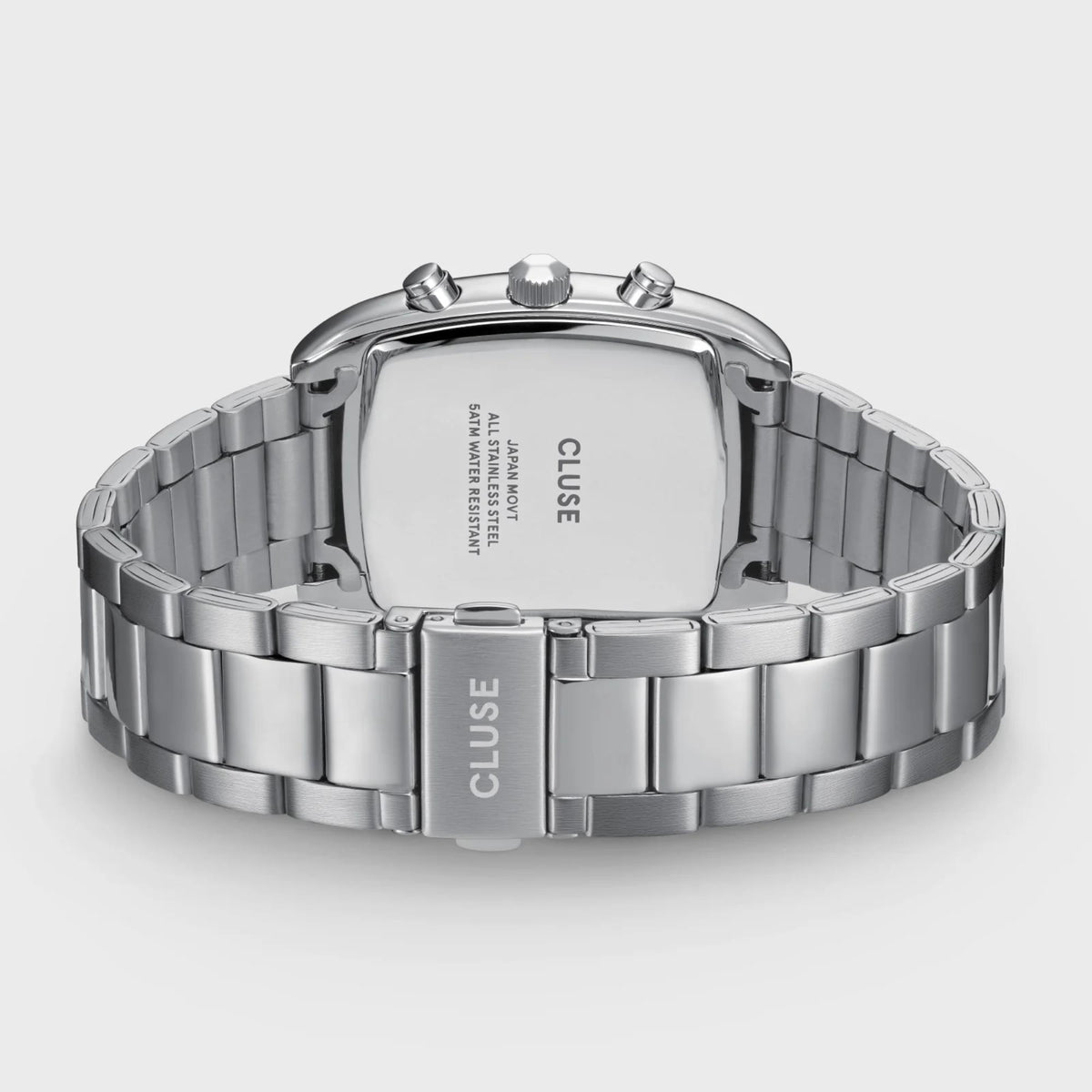 Men's steel watch case back with segmented metal bracelet links