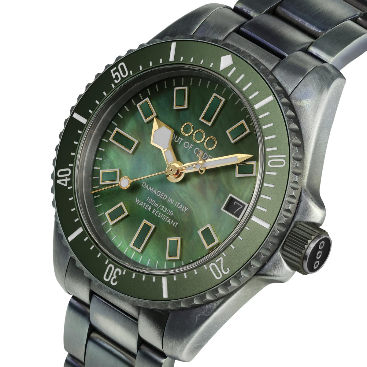 Green mother-of-pearl dial steel strap watch with gold indices and three-hand analog