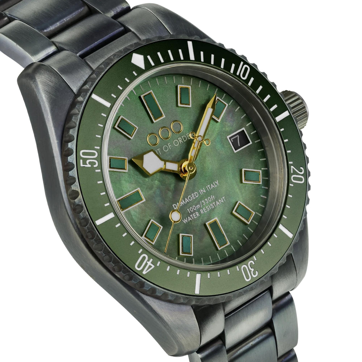 Green dial steel strap watch with gold hour markers and minute track bezel detail