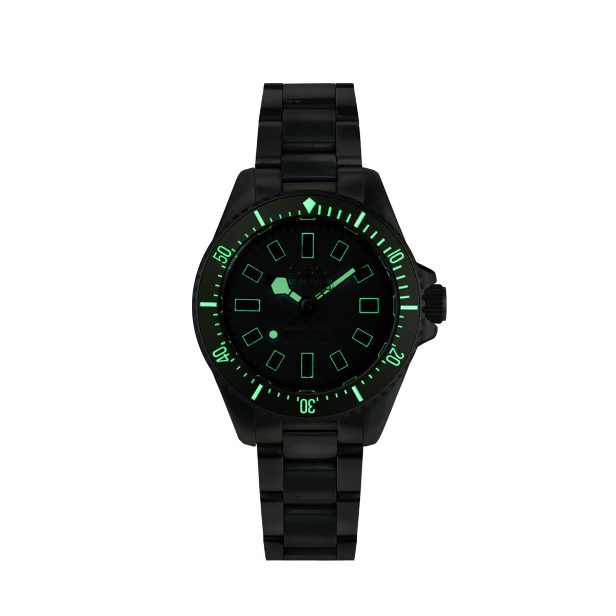 Black steel strap watch with dark green lumed dial, gold indices, round case
