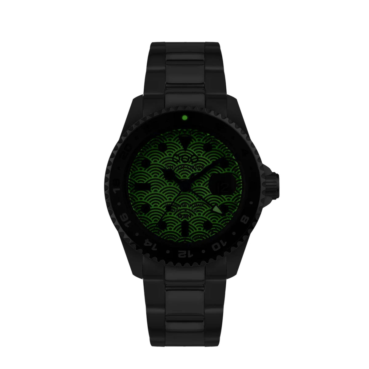 Black silicone watch with green wave pattern dial, side view