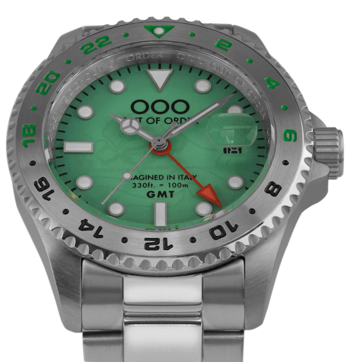 Men's GMT wristwatch front view with stainless bracelet and green dial, red GMT arrow hand.