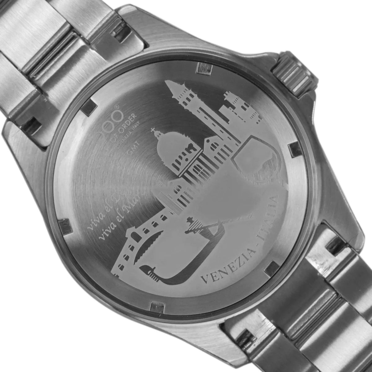 Men's wristwatch caseback with engraved city skyline and VENEZIA text, brushed steel finish.