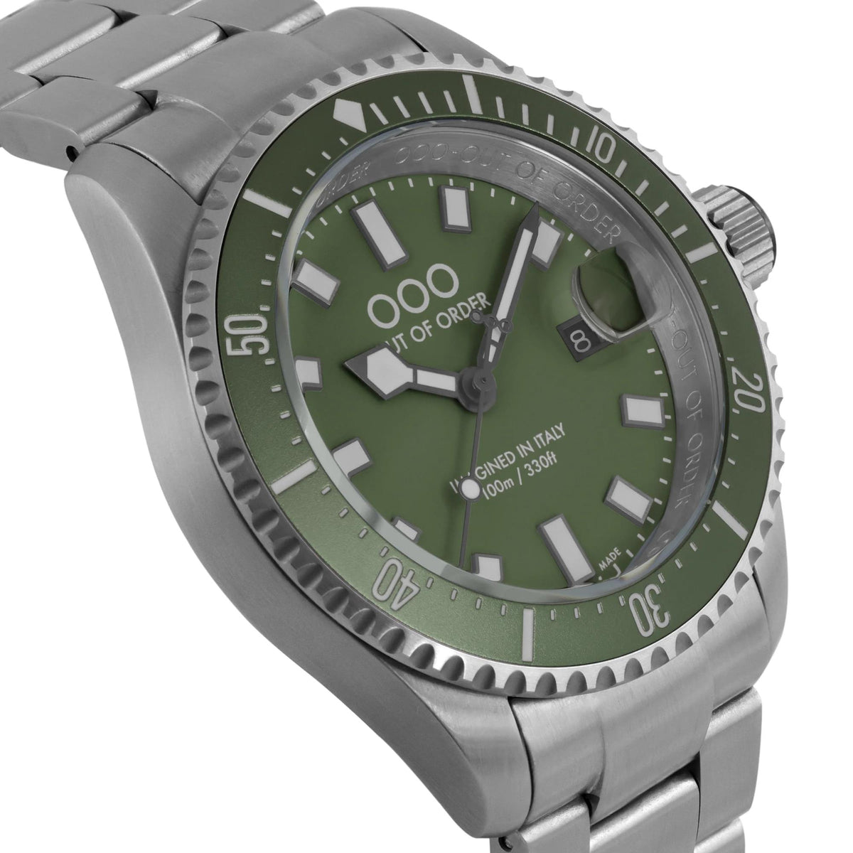 Men’s stainless steel watch with green dial, ridged bezel, and metal link bracelet