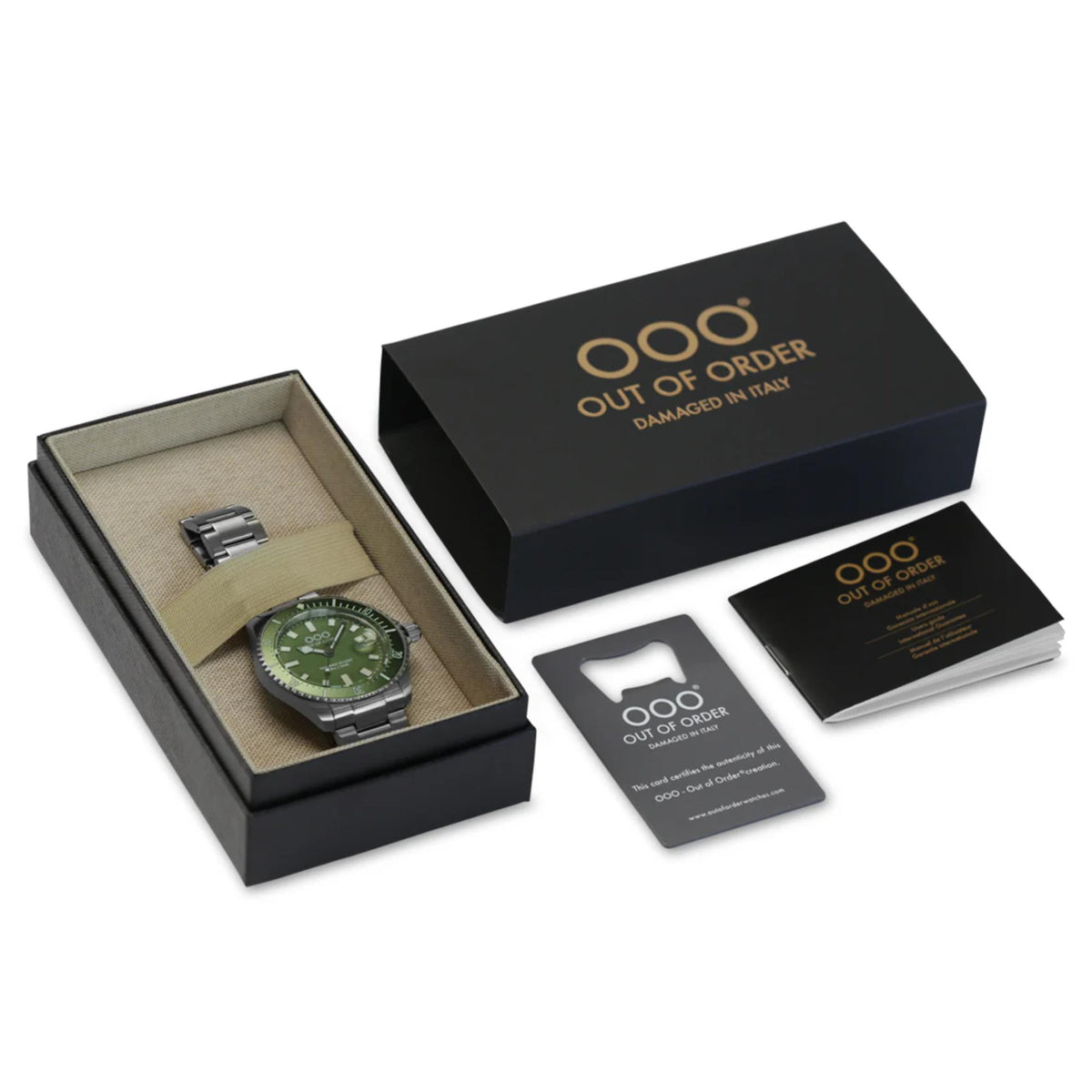 Men’s green dial wristwatch set with black box, cards, and wrapped packaging