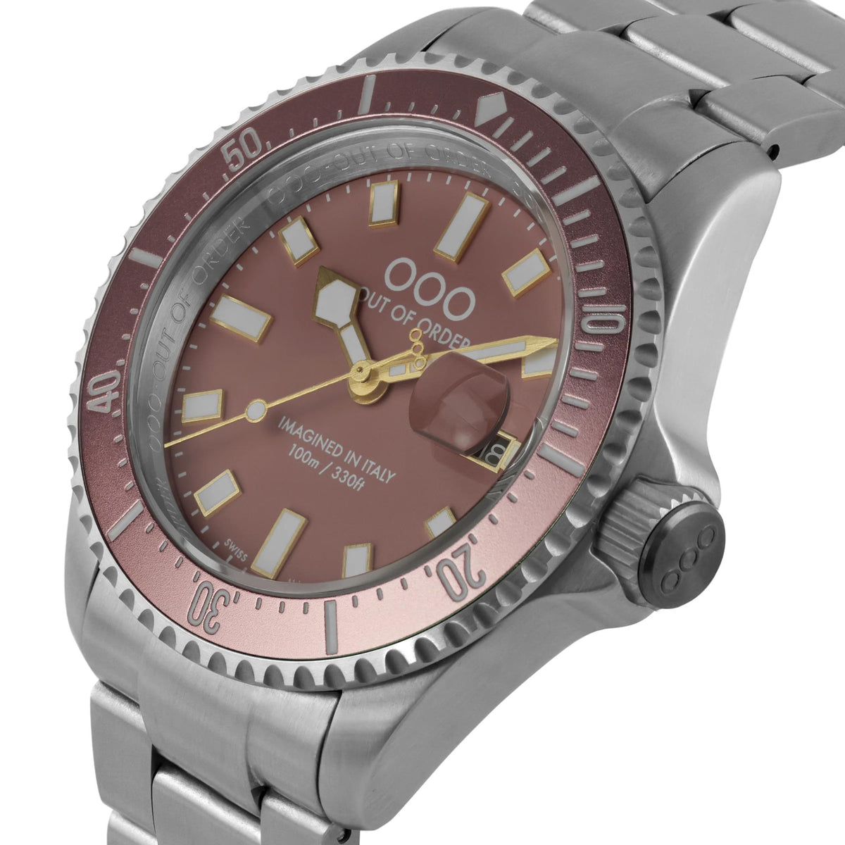 Men's steel case watch with pink dial, gold hands, ridged dive-style bezel, crown