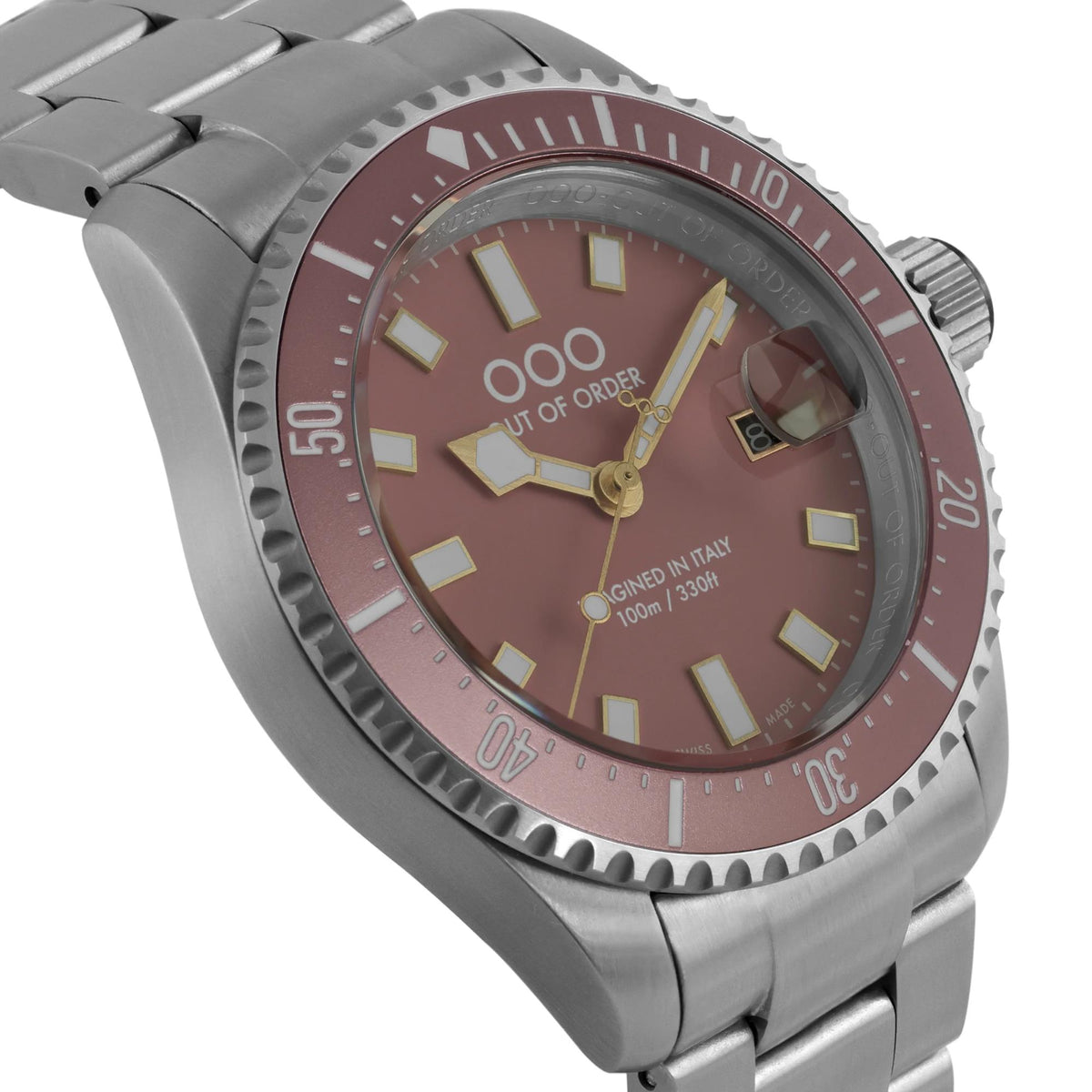 Men's steel watch angled view with pink dial, gold markers, ridged bezel and link bracelet