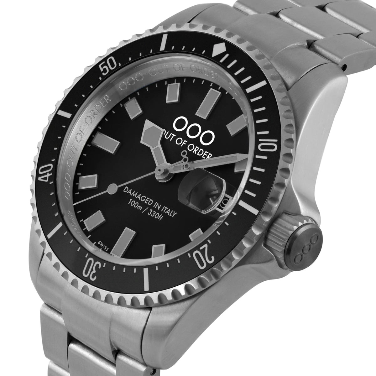 Men's stainless steel watch with black dial, ridged bezel, and textured side crown