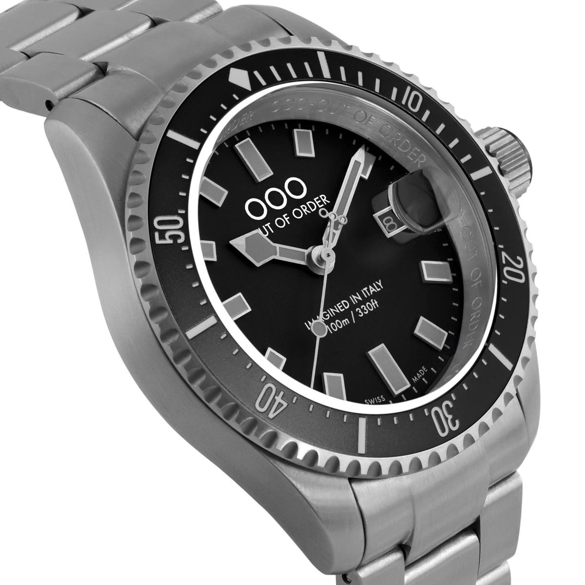 Men's dive watch in stainless steel with black dial, bold indices, and numbered bezel