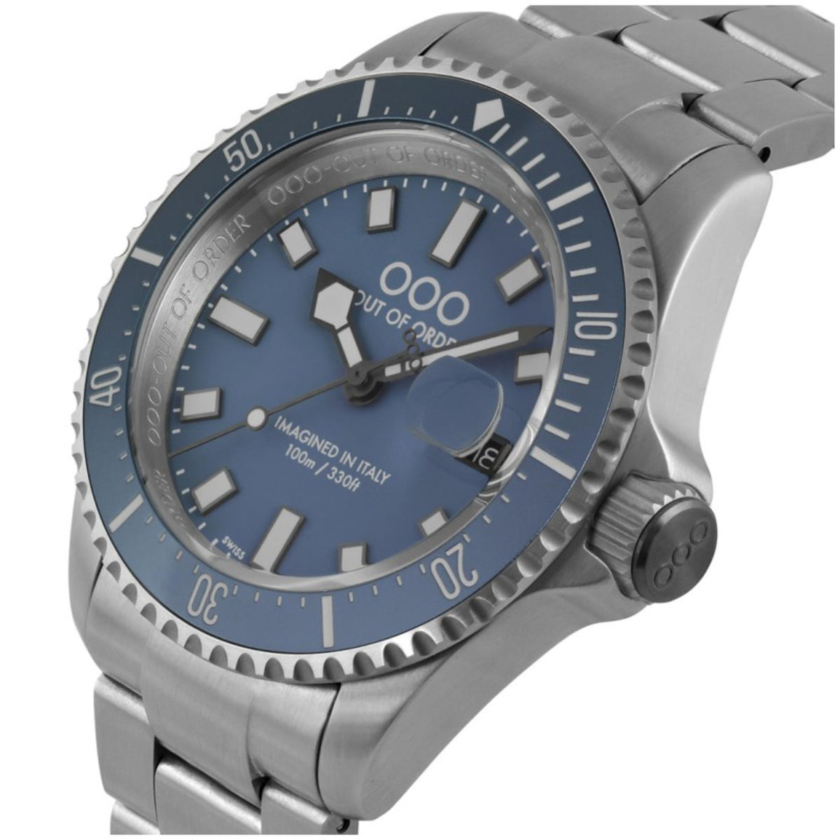 Men's steel sport watch with blue dial, rotating bezel, and three-link bracelet