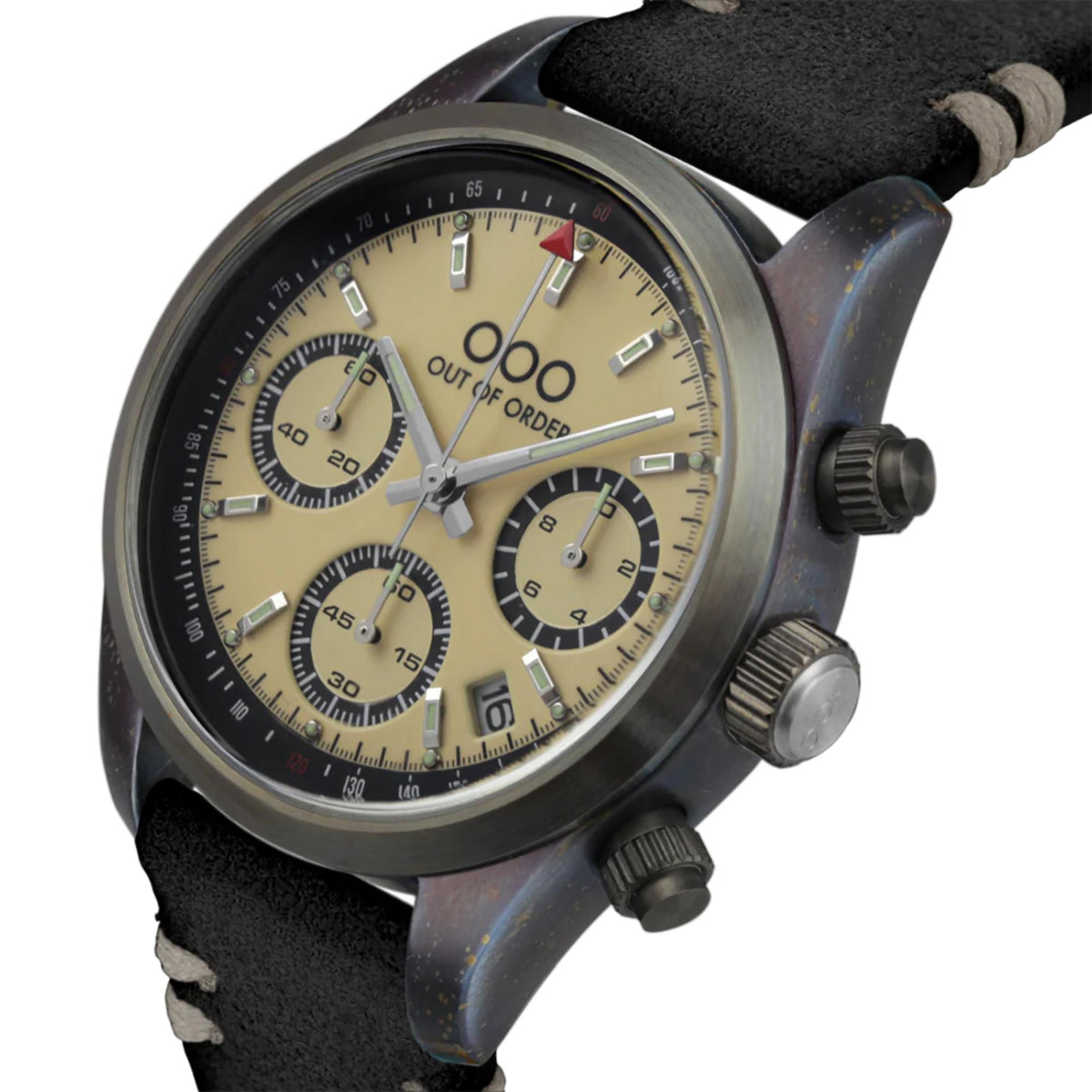 Sporty chronograph watch with cream dial, gunmetal case, and black leather strap