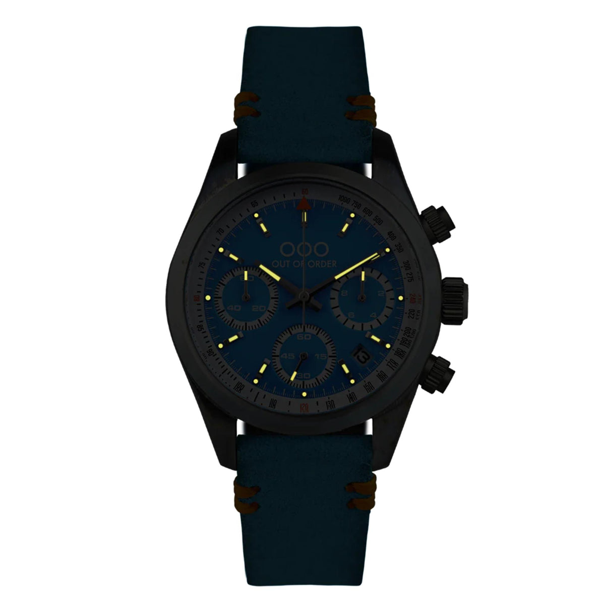 Men's chronograph quartz watch with dark blue dial, black case, navy fabric strap