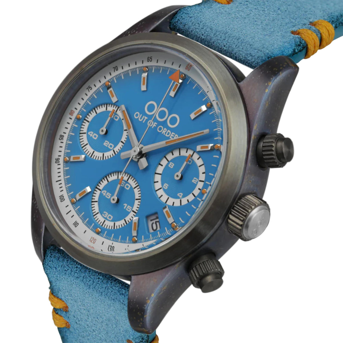 Men's chronograph quartz watch close-up with blue dial, steel case, teal suede strap