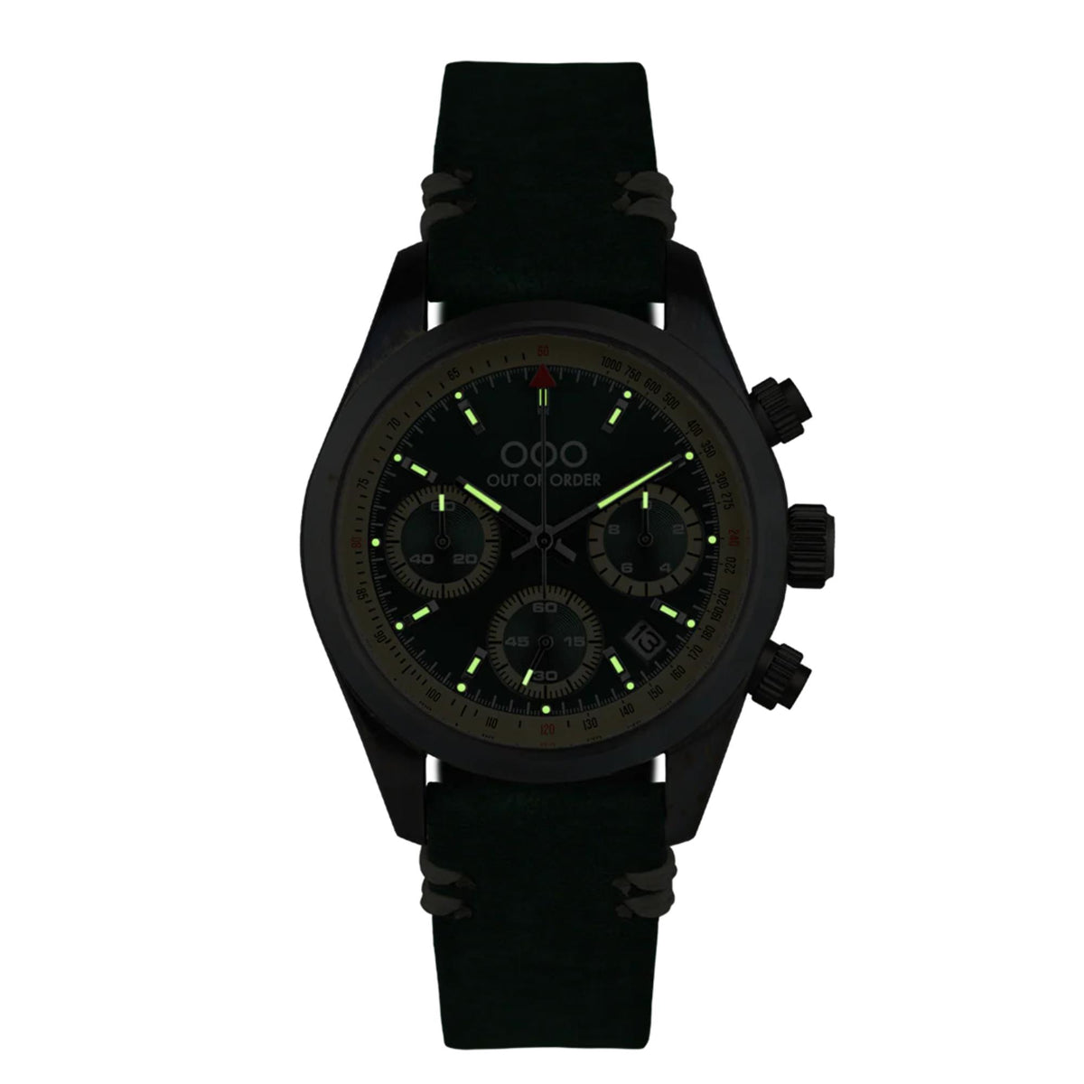 Men's sporty quartz chronograph watch with dark dial and black leather strap on white.