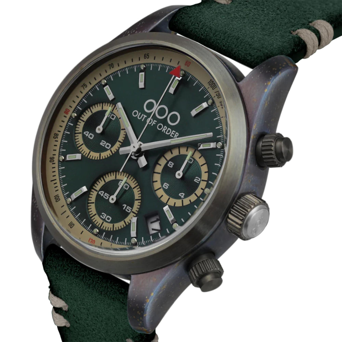 Men's sporty quartz chronograph watch with green dial and metal case, angled view.