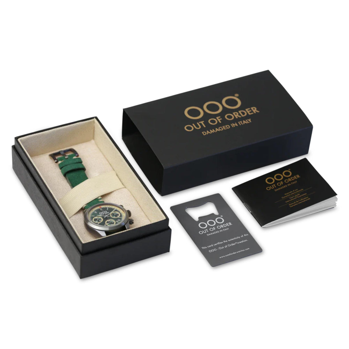 Watch gift set in box with green dial watch and included cards.