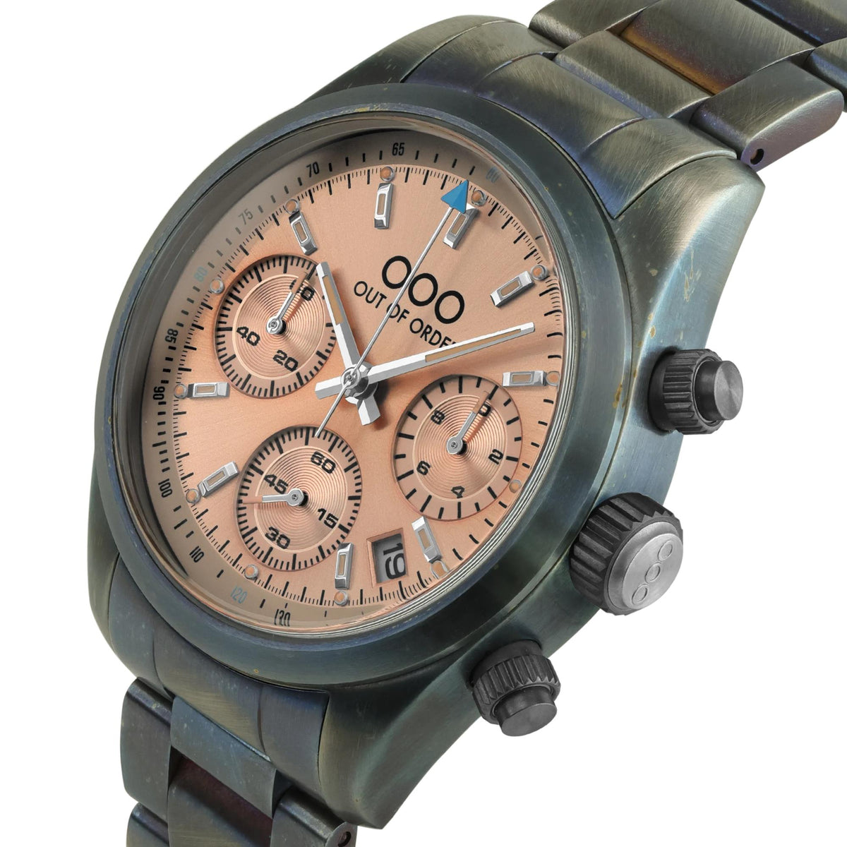 Sporty chronograph watch with peach dial, dark steel case and pushers, chrono subdials