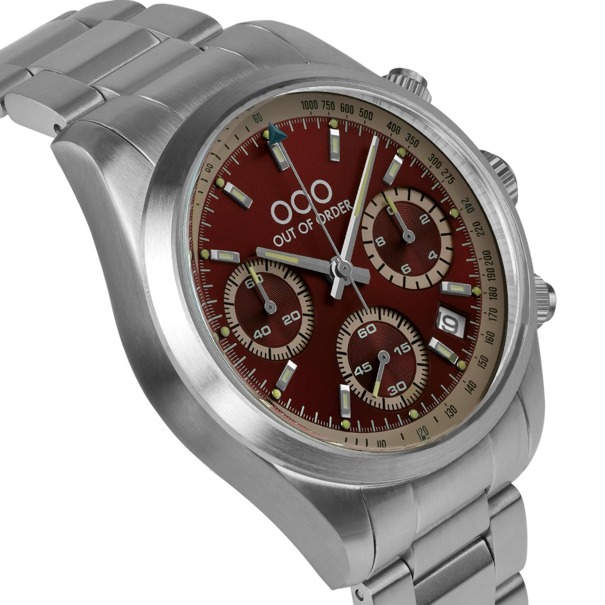 Steel chronograph watch with red multi-dial face and brushed metal bracelet
