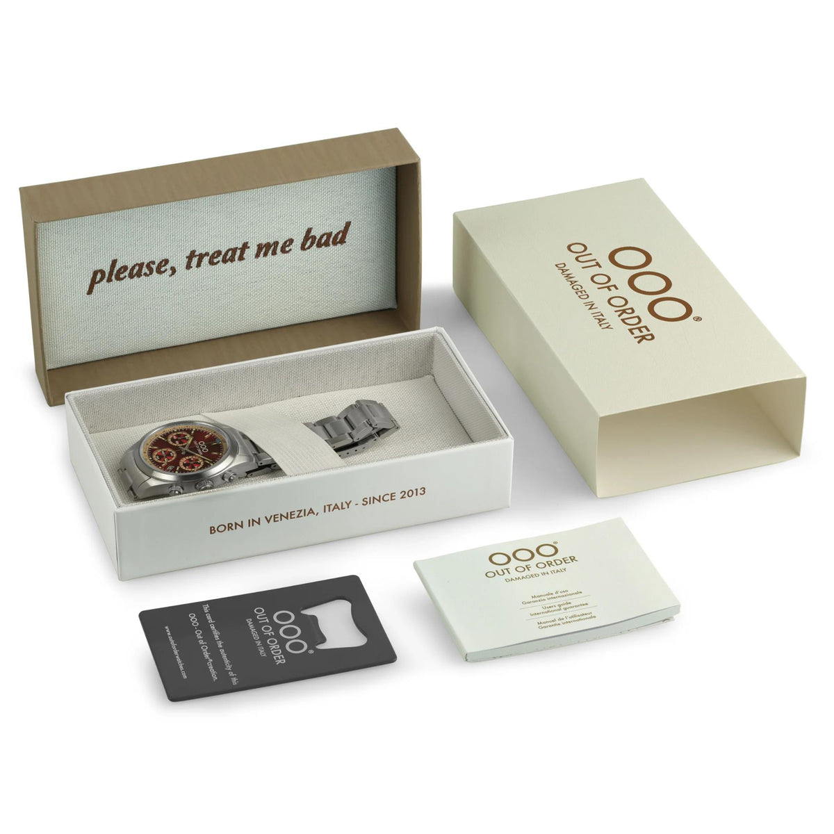 Chronograph watch set in box with steel watch, cards, and packaging