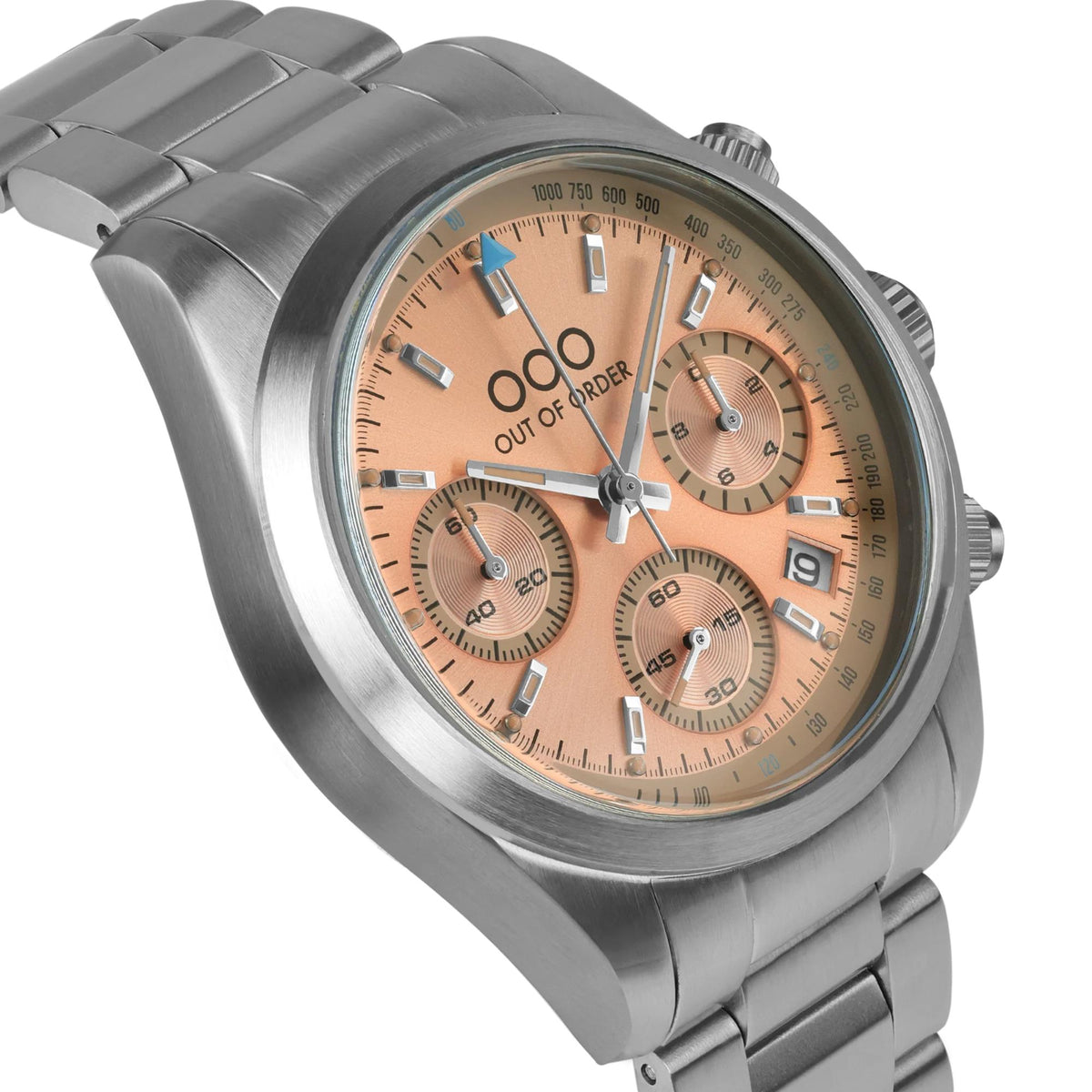 Steel chronograph wristwatch with peach dial, three subdials, pushers, metal link strap